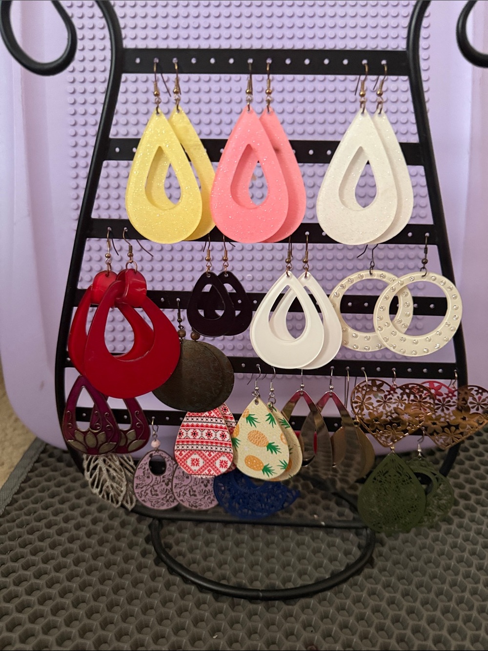 Assorted Teardrop & Hoop Earrings Display - Red, White, Pink, Blue, Gold, Green